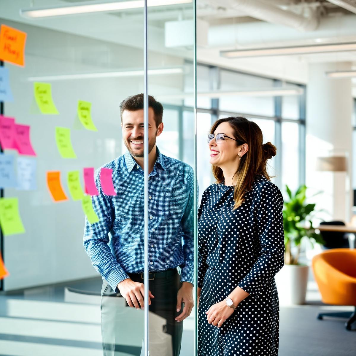 Twee askmonkey-collega's overleggen bij een wand met post-its